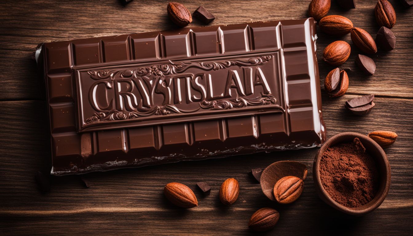 A photo of a chocolate bar surrounded by cocoa beans on a rustic wooden table.