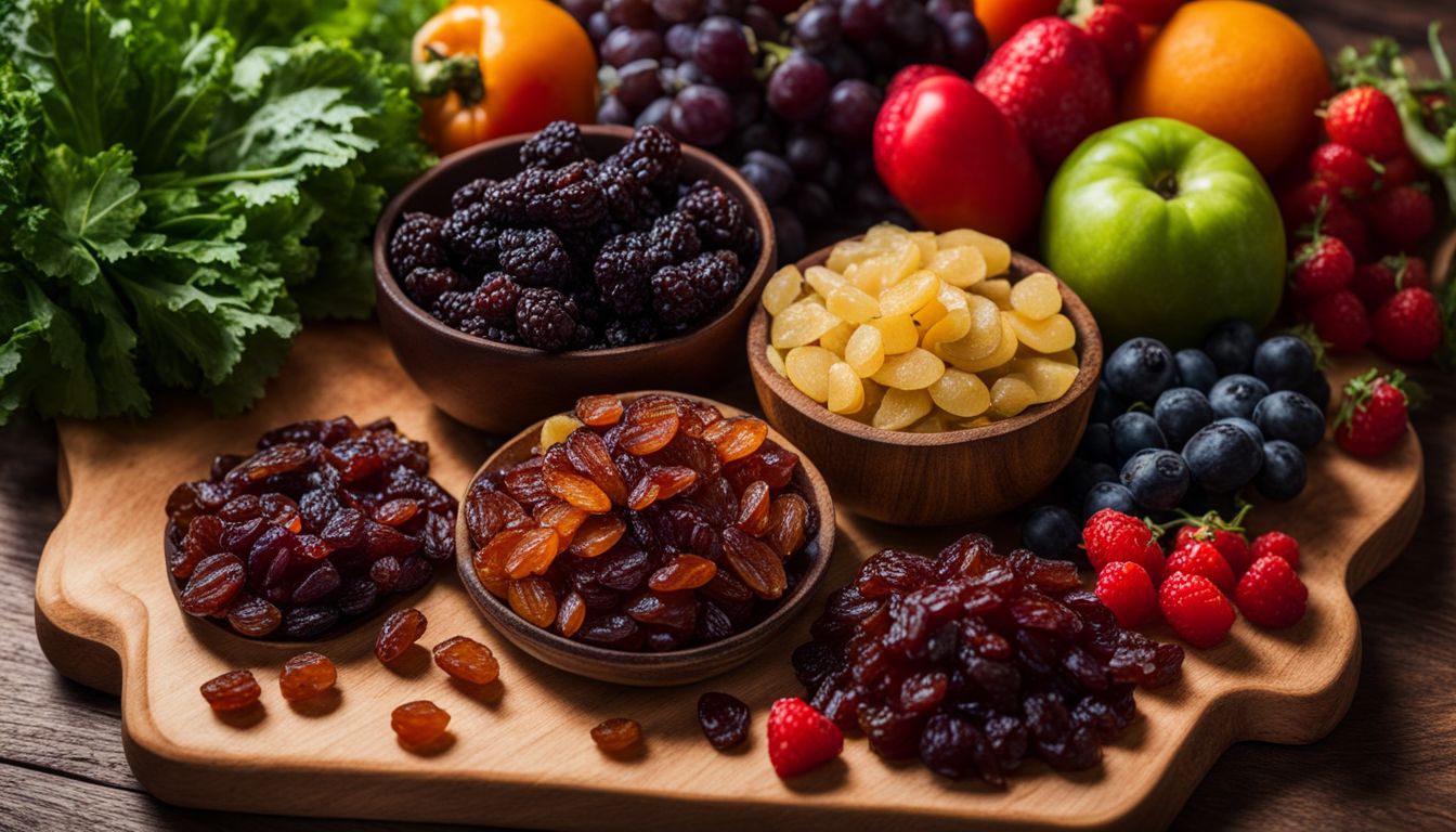 A pile of raisins on a wooden cutting board surrounded by fresh fruits and vegetables.
