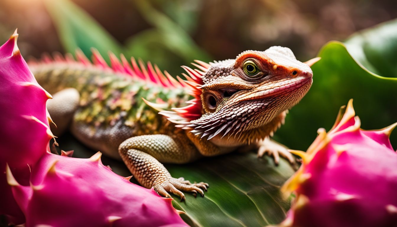 A bearded dragon enjoying dragon fruit in a desert terrarium, captured in a vivid and detailed photograph.