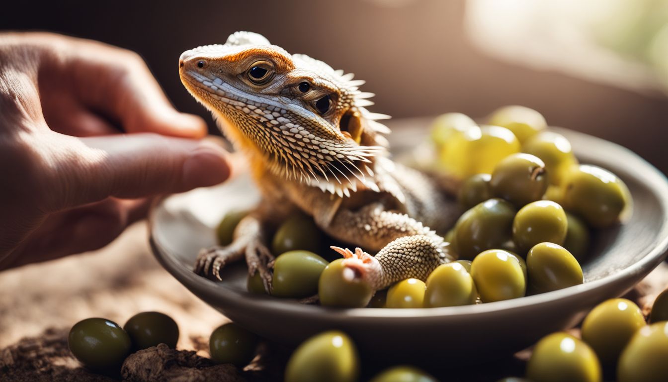 A bearded dragon in a natural habitat looking at a bowl of olives.