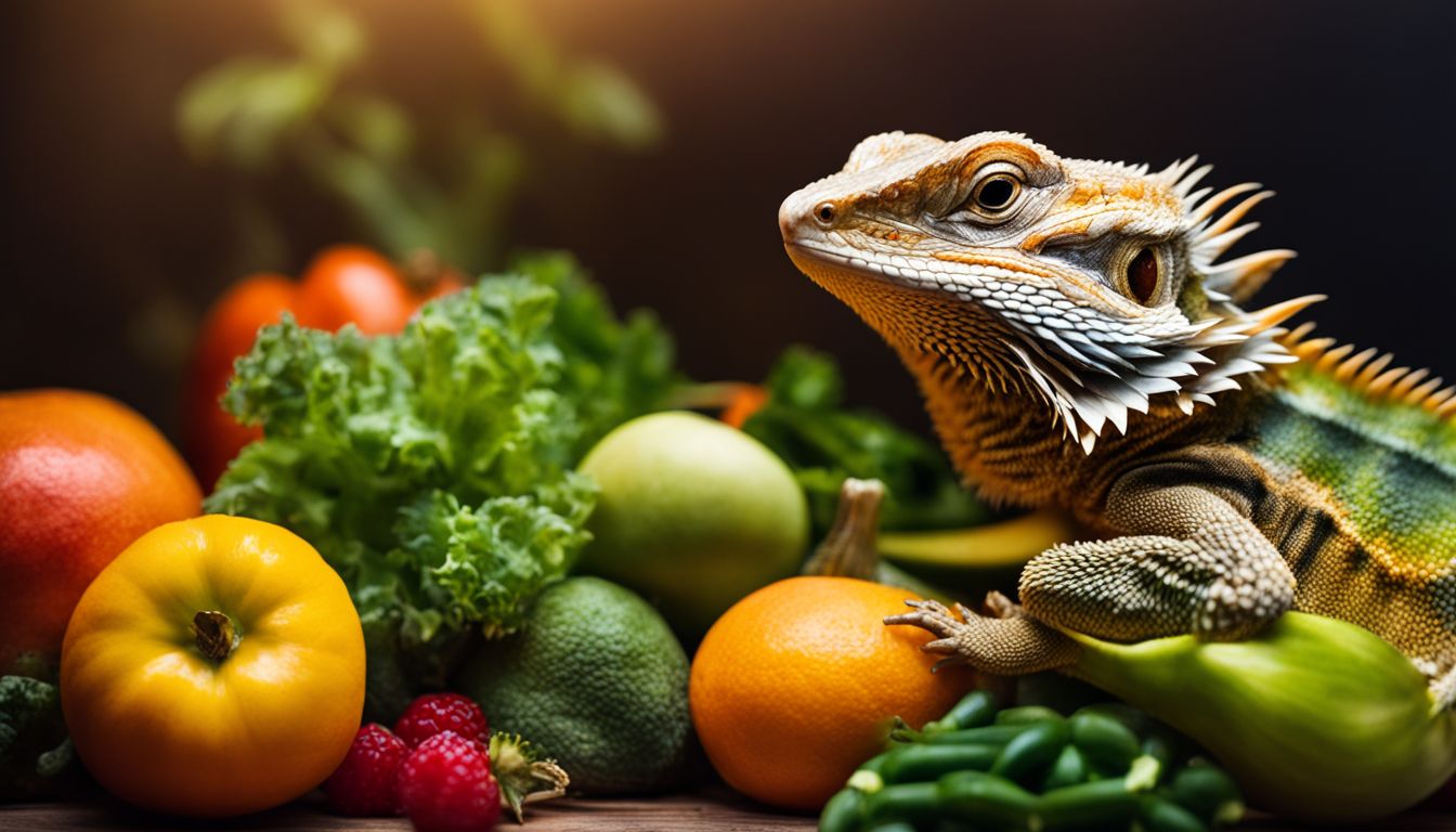 A bearded dragon surrounded by a variety of fruits and vegetables in a bustling atmosphere.
