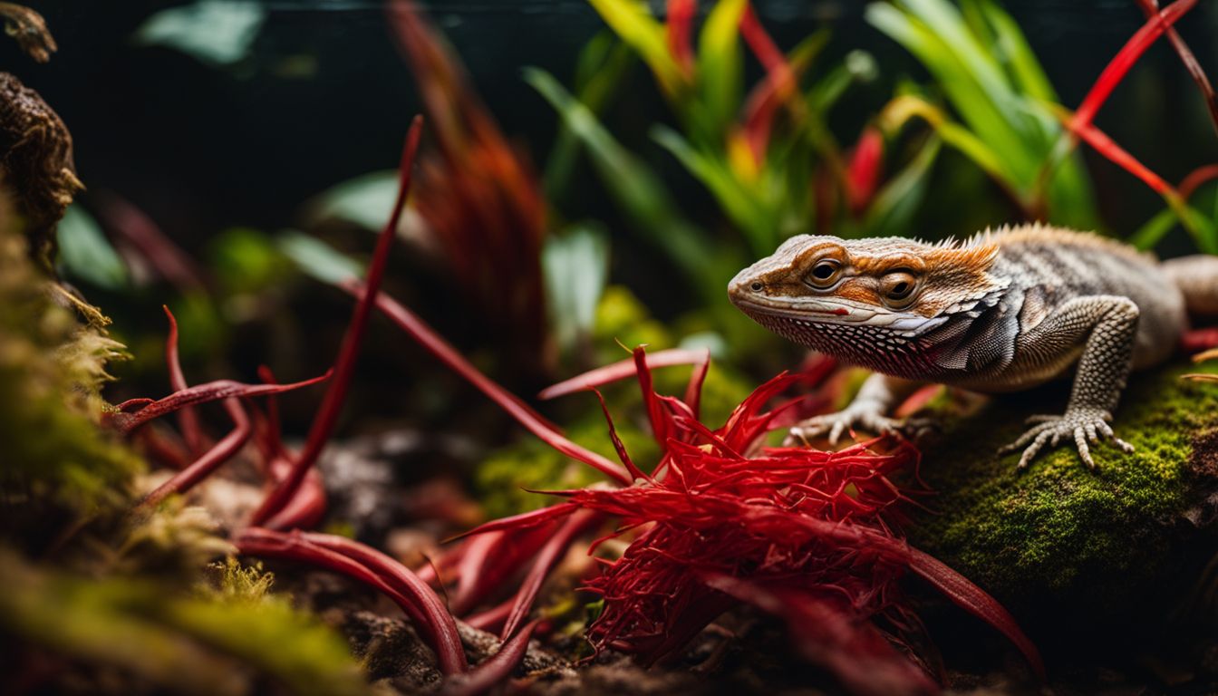 'A bearded dragon feasting on red worms in a lush terrarium.'