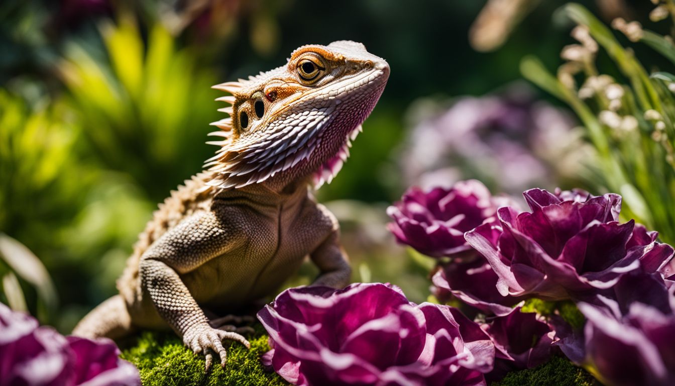 A bearded dragon enjoys eating radicchio in a lush garden surrounded by nature and wildlife.