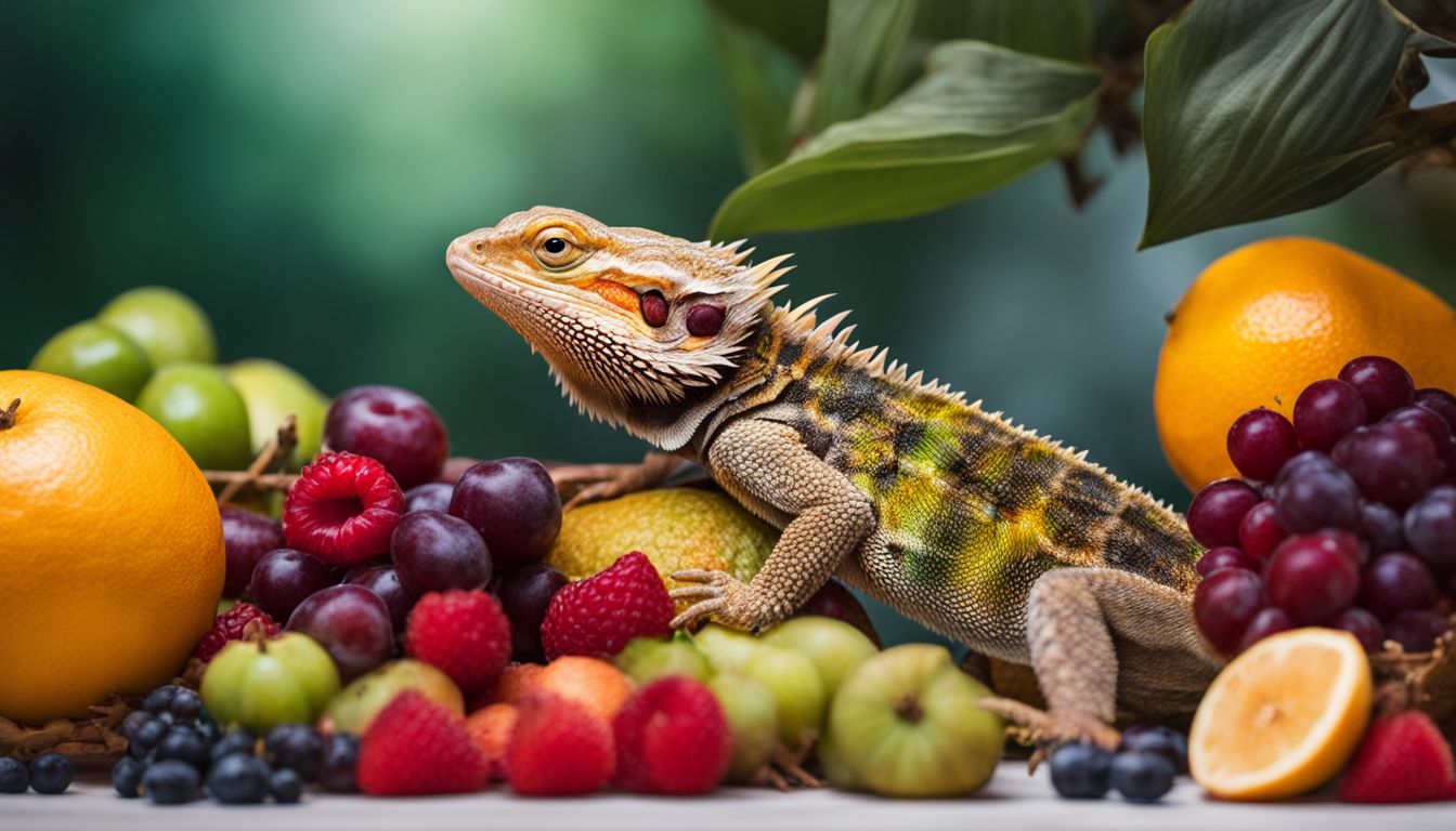 A bearded dragon surrounded by a variety of fruits in a bustling atmosphere captured with a wide-angle lens.