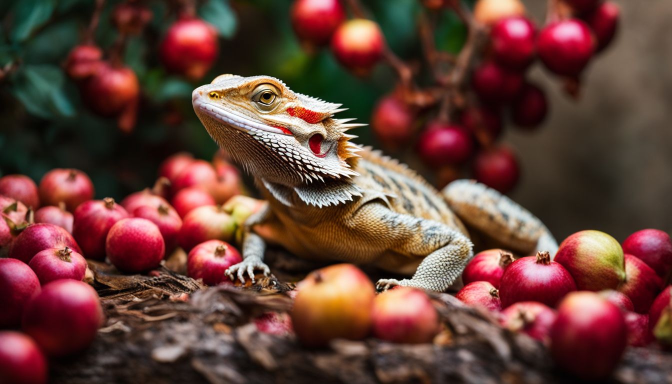 A bearded dragon surrounded by pomegranates in a reptile habitat, captured in high-quality wildlife photography.