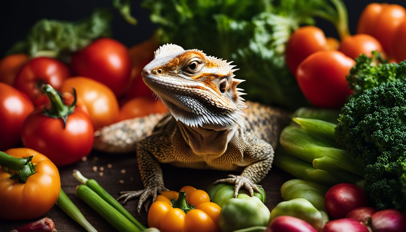 A bearded dragon surrounded by fresh vegetables in a vibrant and diverse environment.