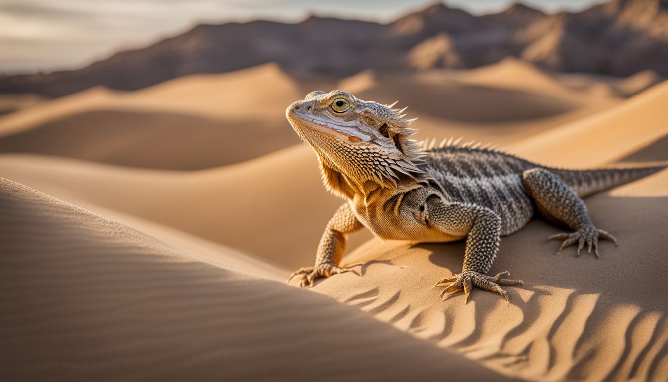 A bearded dragon basking on a desert rock in a wildlife photography setting.