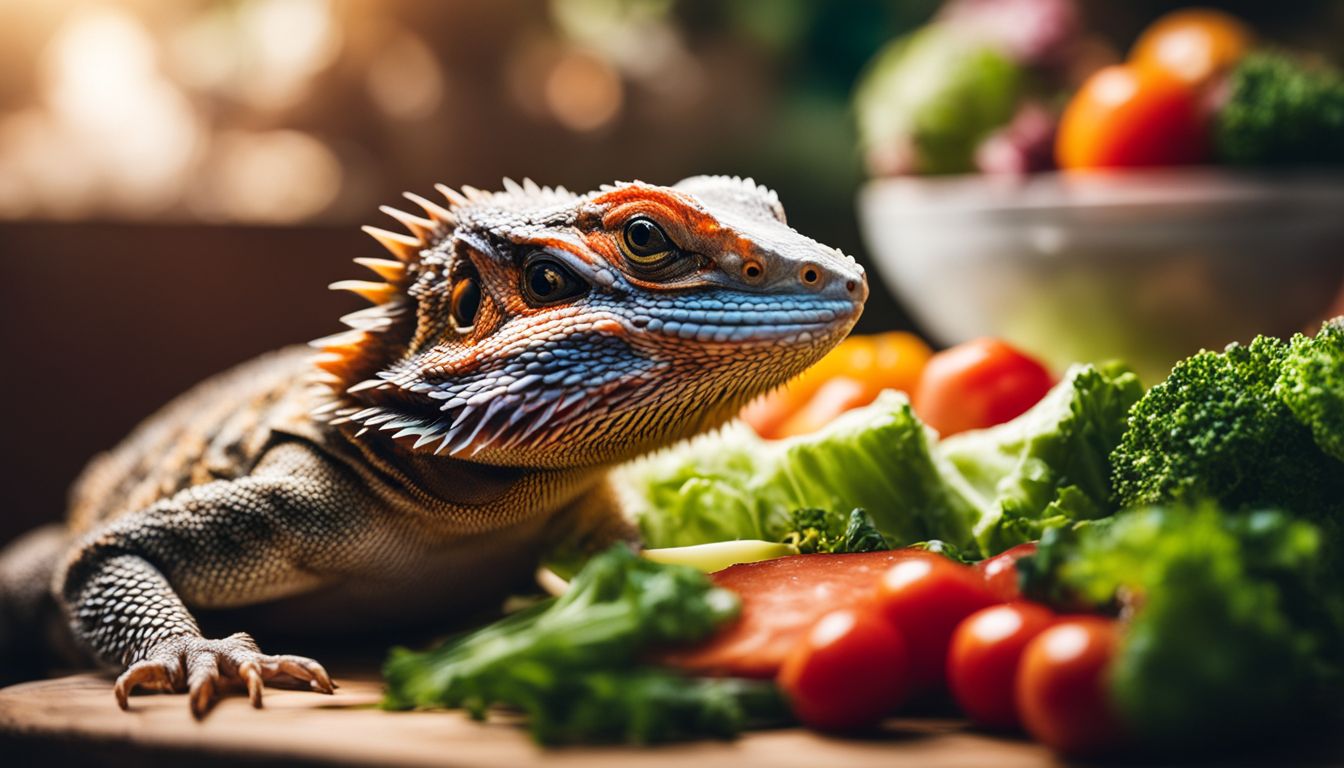 A bearded dragon refusing to eat ham surrounded by fresh vegetables in a bustling atmosphere.