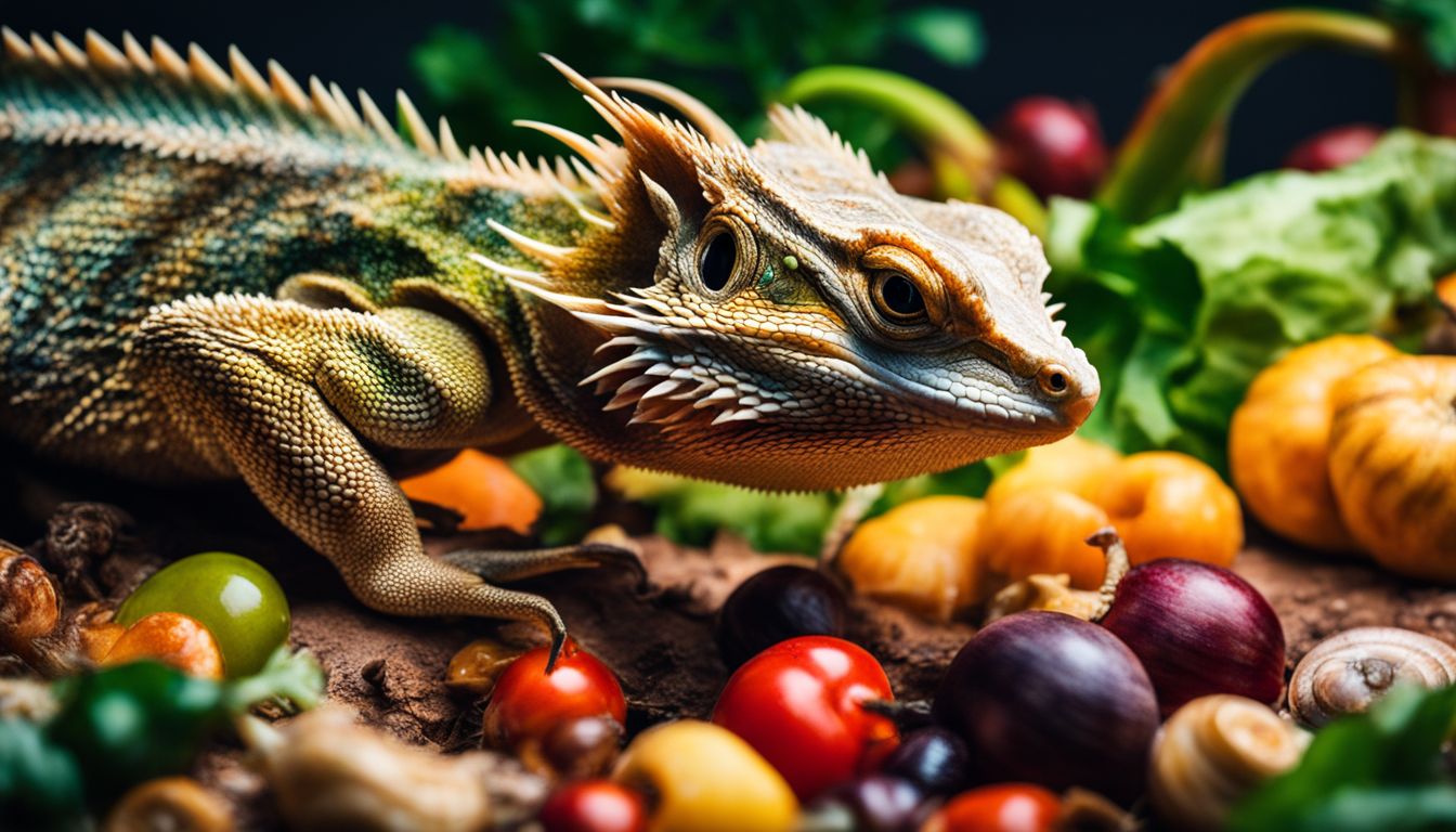 A bearded dragon surrounded by fruits and vegetables turns away from a pile of snails.