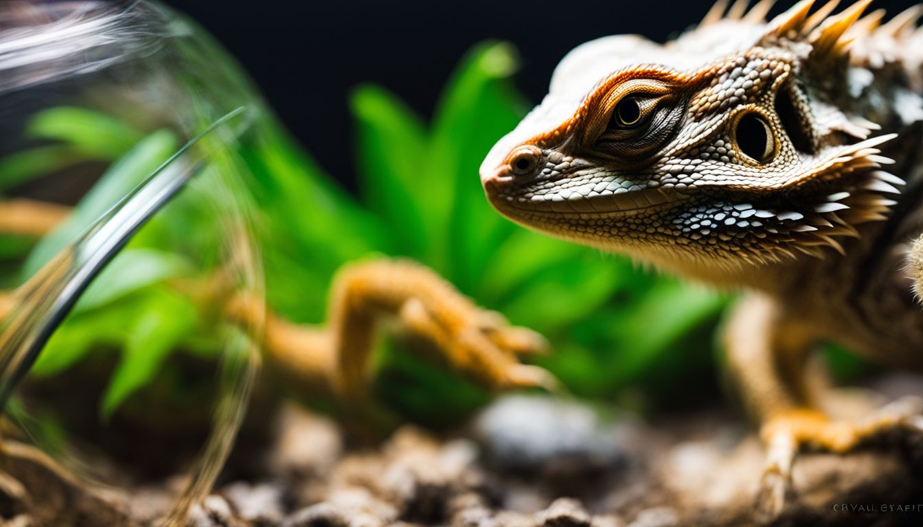 A bearded dragon inspecting a spider in its terrarium captured in high-quality wildlife photography.