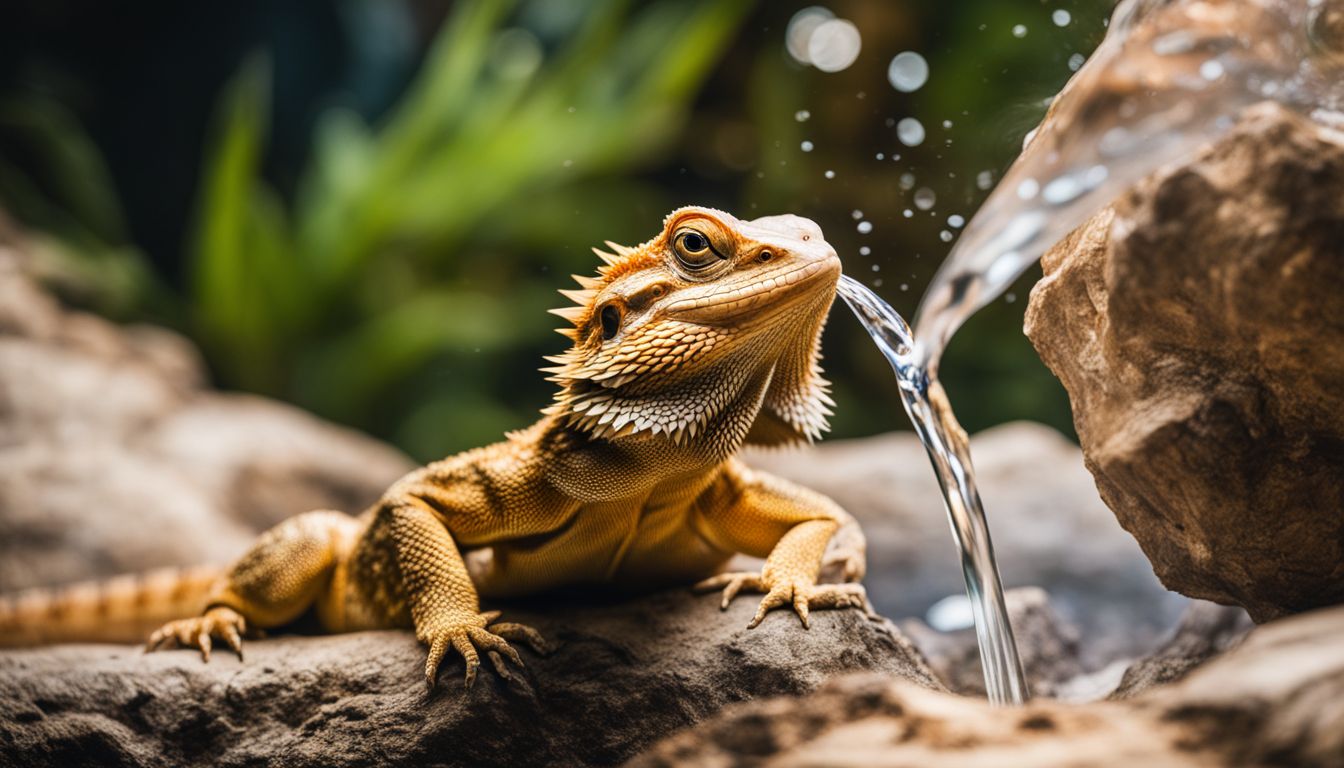 A bearded dragon drinking water in its natural habitat, captured in a stunning wildlife photography shot.