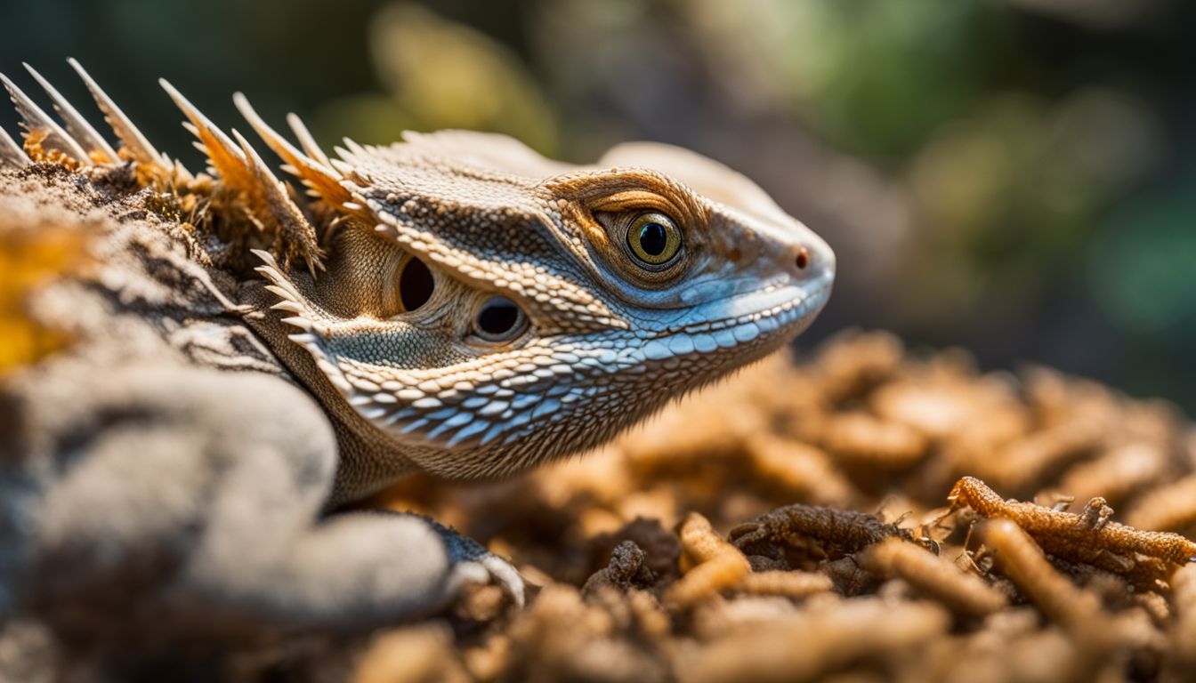 The image shows a bearded dragon eating mealworms in a natural habitat.