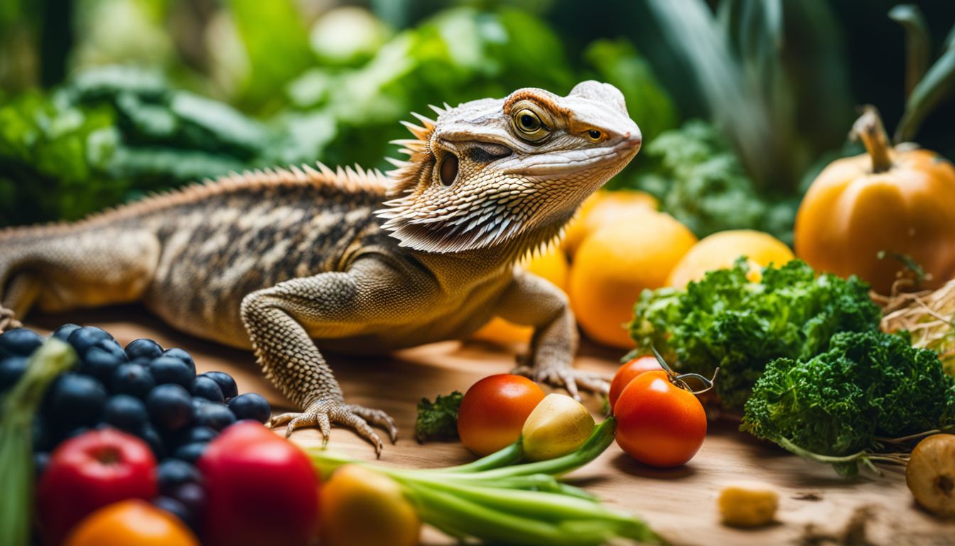 'A bearded dragon surrounded by fresh fruits and vegetables in its natural habitat.'