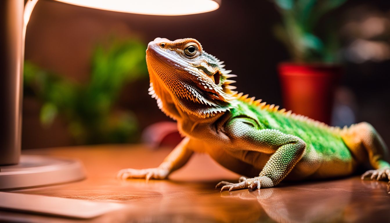 A bearded dragon basking under a warm heat lamp in a vibrant setting.