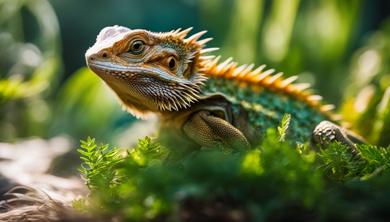 A bearded dragon surrounded by various greens in a bustling atmosphere.
