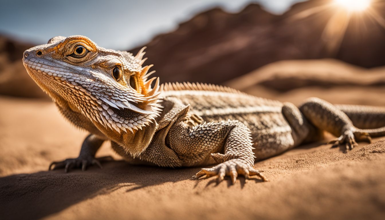 A bearded dragon in various outfits and poses in a desert habitat, captured in high-quality photography.