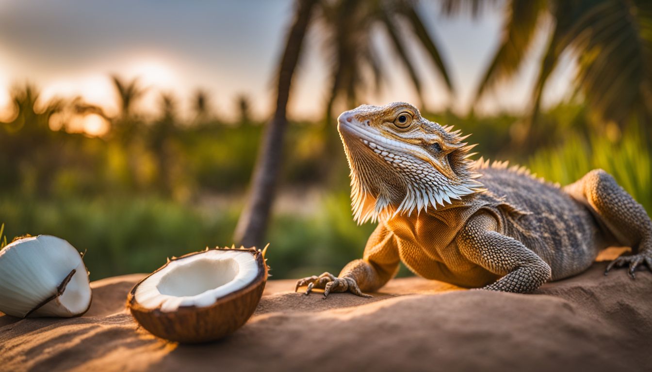 A bearded dragon enjoying fresh coconut in a desert habitat, captured in a stunning wildlife photograph.