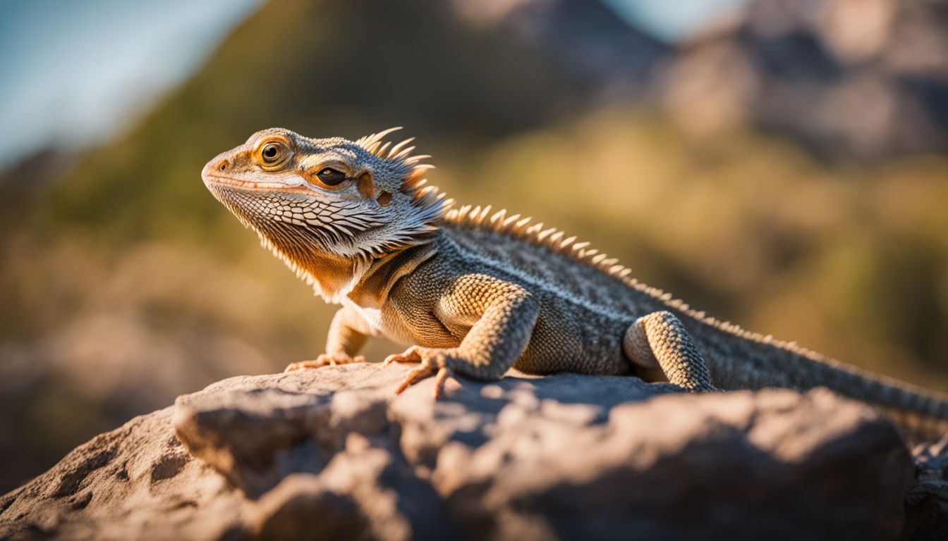 A bearded dragon perched on a rock in its natural habitat.