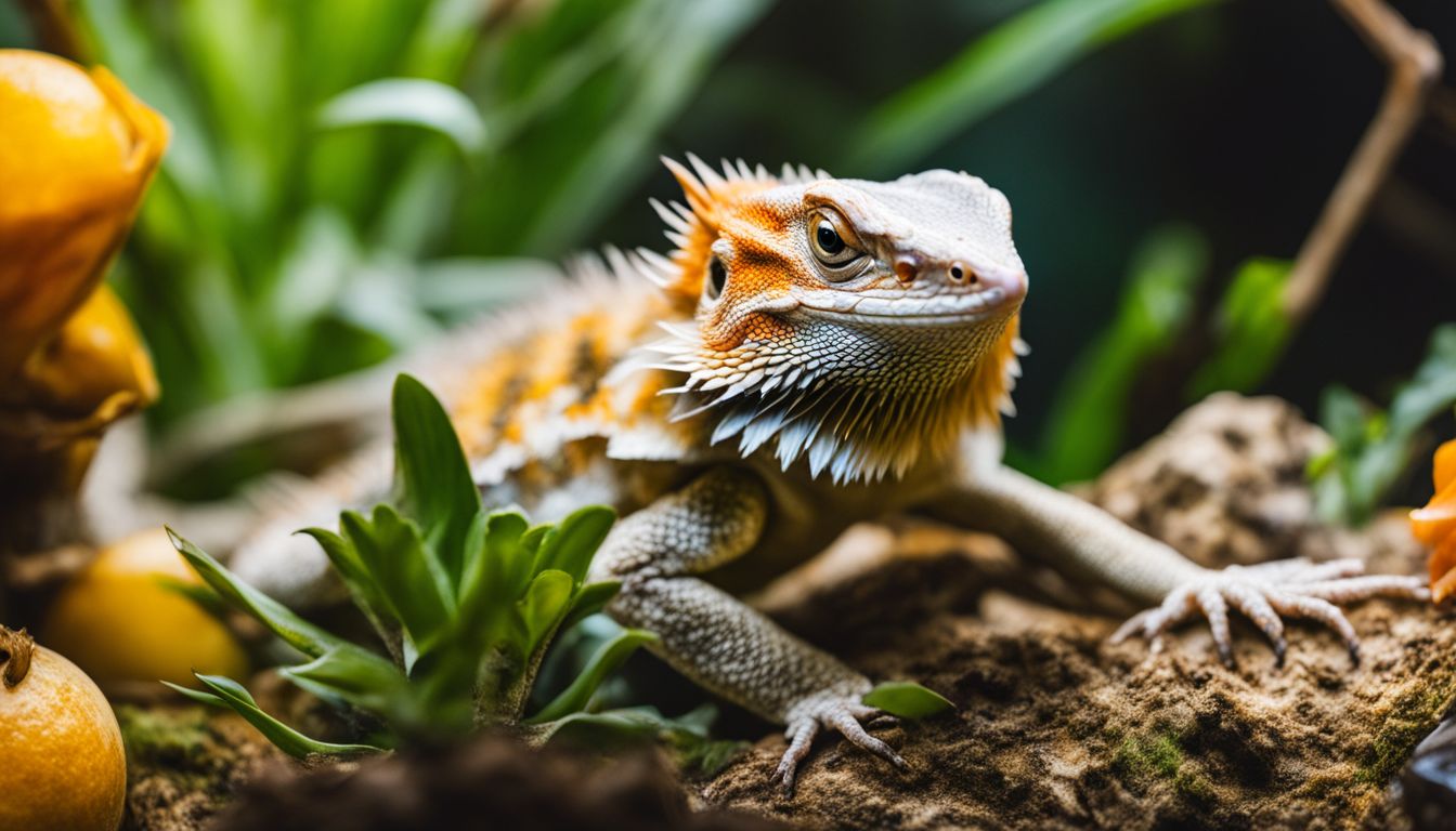 A bearded dragon eating fruit flies in a natural terrarium setting, captured with a DSLR camera.