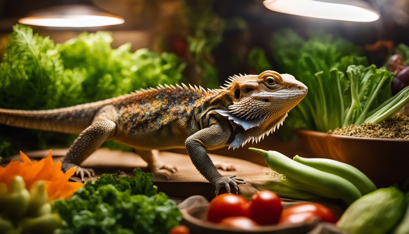 A bearded dragon surrounded by nutritious vegetables in a vivarium.