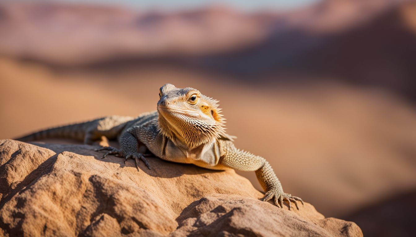 A bearded dragon basking on a rock in a desert environment captured in a wildlife photography.