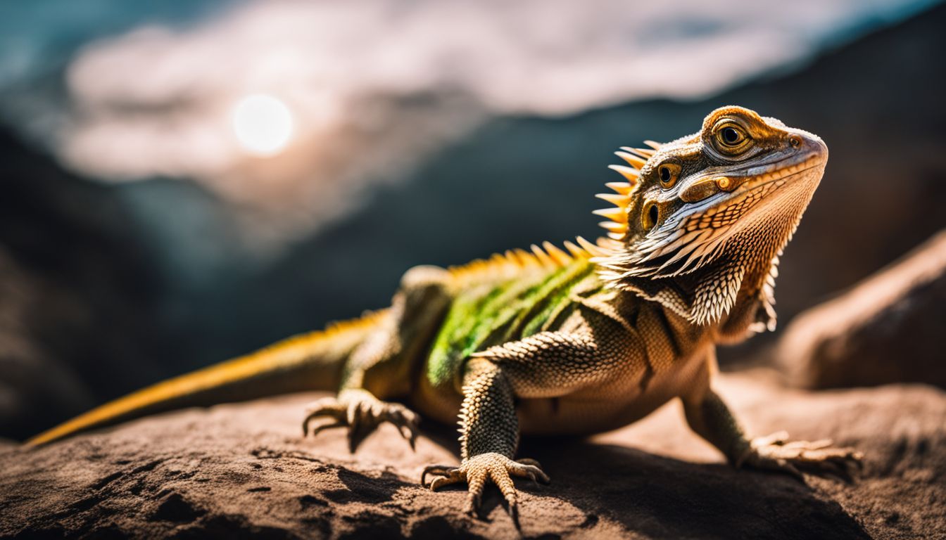 The photo features a bearded dragon in a natural setting with varied human subjects.