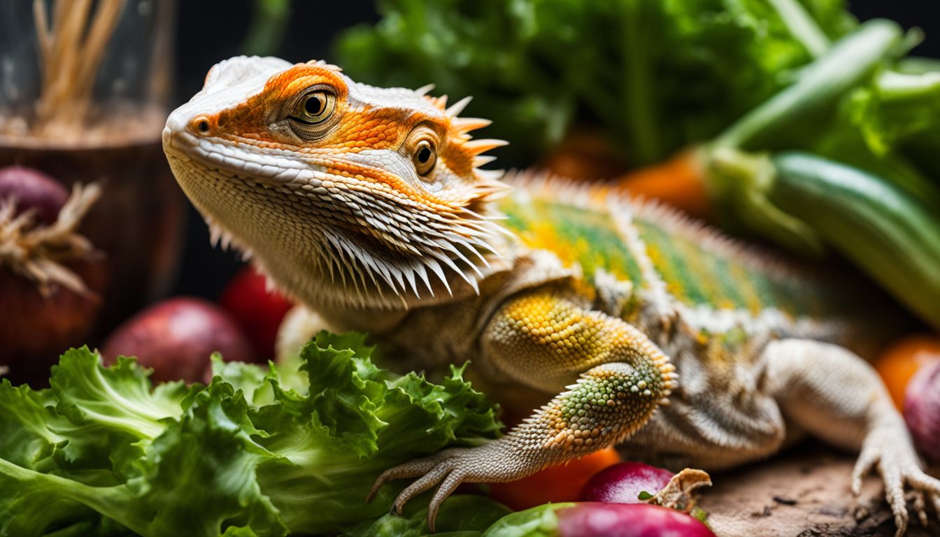 A bearded dragon surrounded by safe vegetables and insects in a nature photography setting.