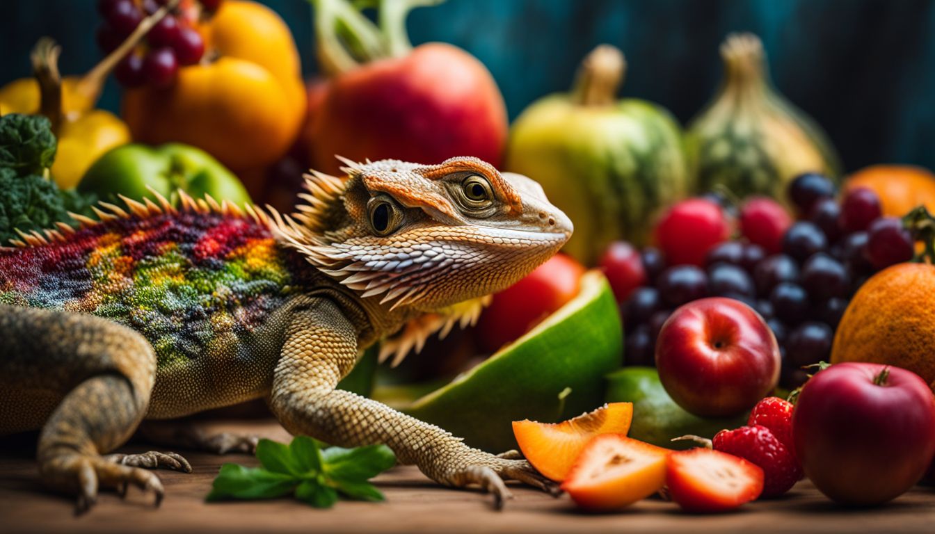 A bearded dragon surrounded by a variety of colorful fruits and vegetables in a bustling atmosphere.