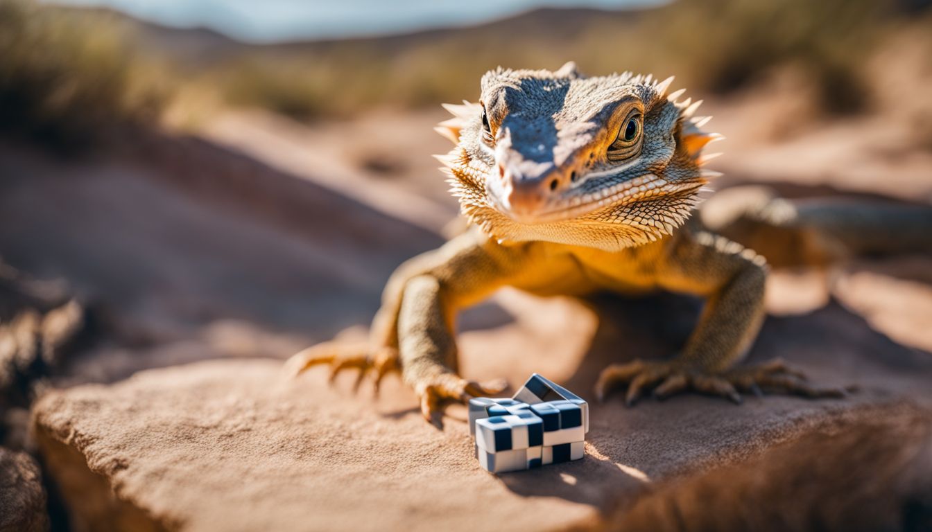 A bearded dragon solving a spatial puzzle in a desert habitat with a bustling atmosphere.