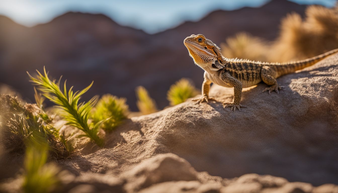 A bearded dragon in a cozy desert terrarium with various outfits and hair styles in a bustling atmosphere.
