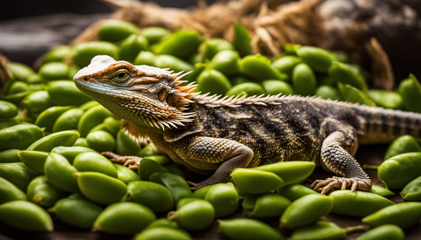 A bearded dragon surrounded by edamame pods in a variety of outfits and hair styles.
