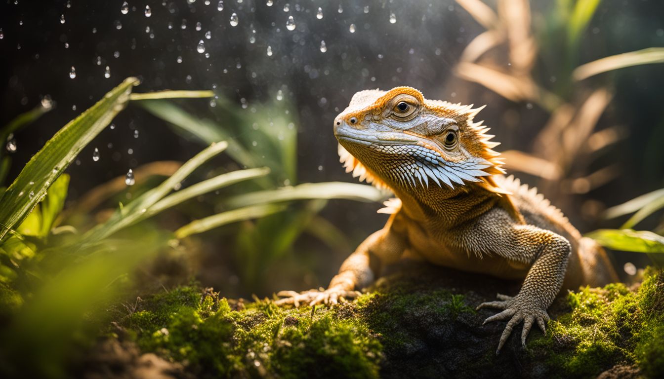 A misting system sprays water droplets over a bearded dragon habitat in a bustling atmosphere.