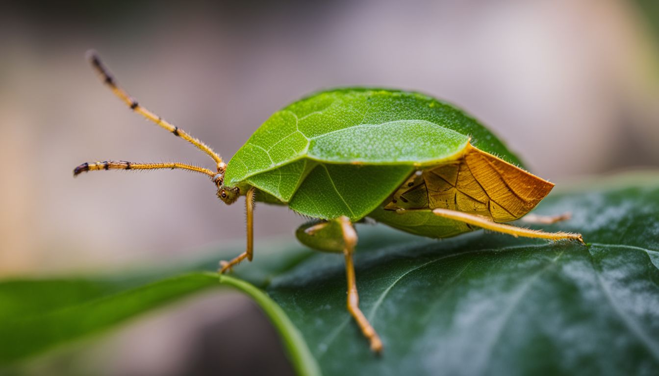 A close-up photo of a stink bug on a leaf in a garden.