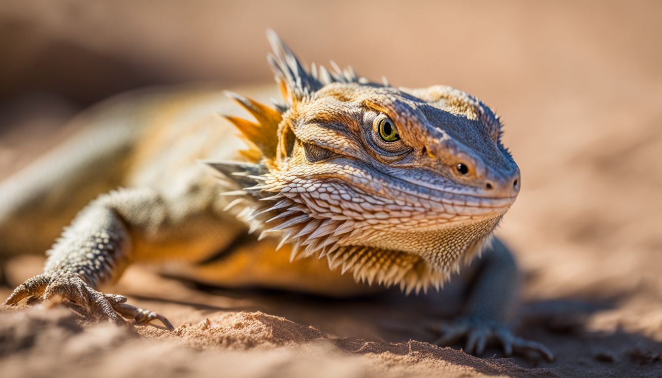 The photo is of a bearded dragon in its natural desert habitat.