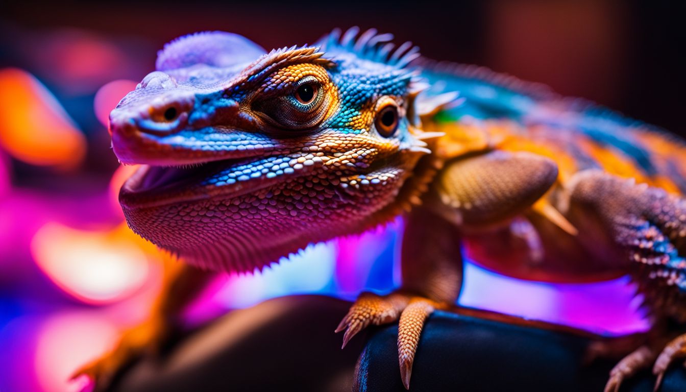 A bearded dragon with a swollen neck basking under a UV lamp in a natural setting.
