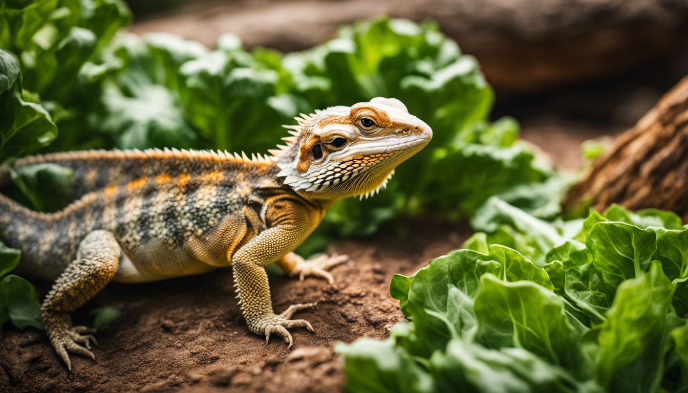 A bearded dragon eating greenery in its desert habitat, captured in high-quality wildlife photography.
