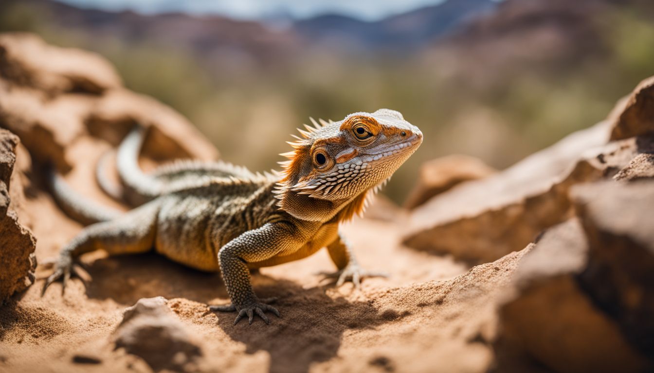 A bearded dragon exploring a desert terrarium in a wildlife photography setting.