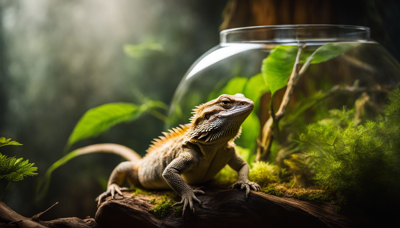 A misted terrarium with a bearded dragon basking on a branch in a bustling atmosphere.