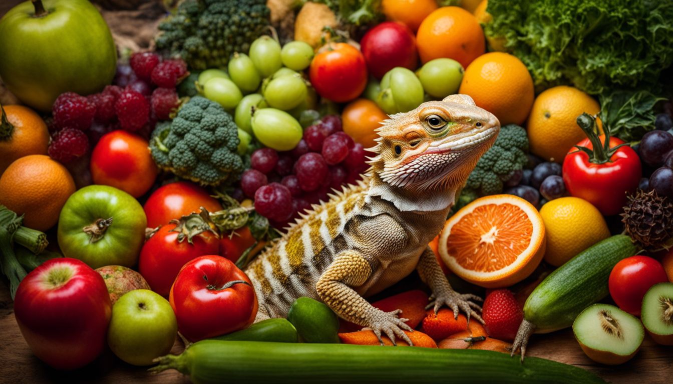 A bearded dragon surrounded by a variety of fruits and vegetables in a bustling atmosphere.